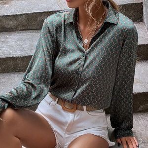 silky green and teracotta button up blouse chic pattern new york city winter